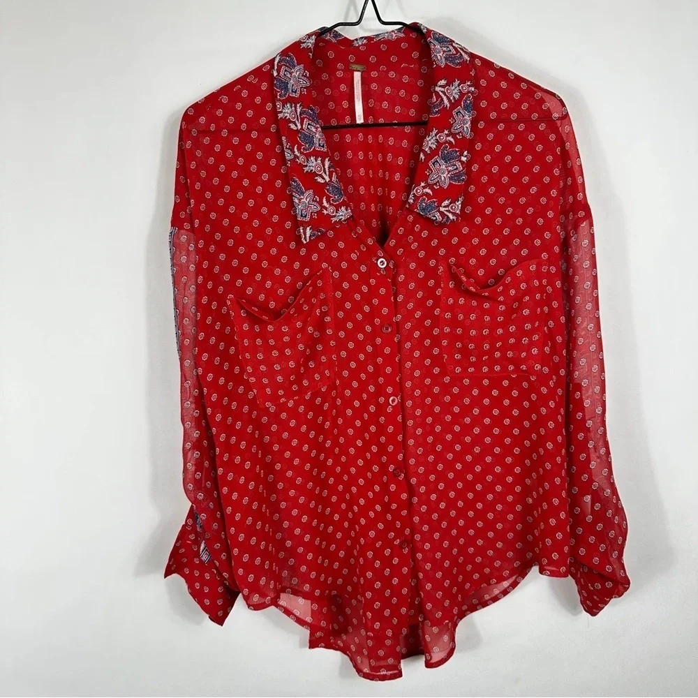 Free People FP Easy Rider Anthropologie Red Paisley Bandana Sheer Blouse Top